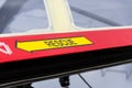 Yellow emergency rescue arrow sign on red military airplane Royalty Free Stock Photo