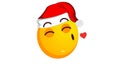 Yellow Emoji Ball Blowing Kiss In Santa Claus Christmas Hat On White Background. Positive Emotions Concept. Winter