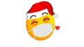 Yellow Emoji Ball Blowing Kiss In Santa Claus Hat And Medical Mask On White Background. Winter Holidays Emoticon During