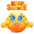 Yellow Emoji Cartoon Character With Flower In Mouth. Keep Silence Sign