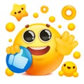 Yellow emoji 3d smile face cartoon character holding social network icon Royalty Free Stock Photo