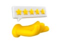 Yellow emoji hand taking or giving comment message bubble review isolated. Cartoon yellow five stars concept of rate. 3d rendering