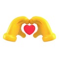 Yellow emoji hands in shape of heart. Isolated hands in romantic love gesture. 3d rendering