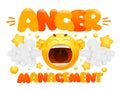 Yellow emoji smile face cartoon character with steam. Anger management concept card