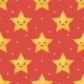 Yellow emoji smiling star characters seamless pattern red background
