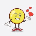 Yellow Emoticon cartoon mascot character teasing with heart kiss