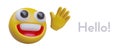 Yellow emoticon waves friendly hand. Friendly character, icon. Hello, good day