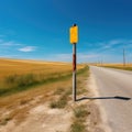 Yellow empty road sign standing on village road background in prairie, desert, field in sunny summer day under blue sky Royalty Free Stock Photo