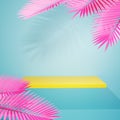 Yellow empty shelf on light blue wall with pink palm leaves. Minimalistic empty showcase. 3D rendering. Art deco shop display,