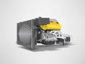 Yellow engine for car assembly with gearbox rear view 3D render on gray background with shadow Royalty Free Stock Photo