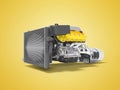 Yellow engine for car assembly with gearbox rear view 3D render on orange background with shadow Royalty Free Stock Photo