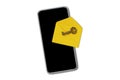 Yellow envelope with key and smartphone on white background - Concept of mailing and password