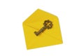 Yellow envelope with key on white background - Concept of mailing and password