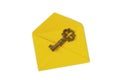 Yellow envelope with key on white background - Concept of mailing and password Royalty Free Stock Photo