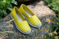 Yellow espadrilles close up. Summer footwear