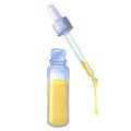 Yellow essential oil. Blue glass bottle with pipette. Hand drawn watercolor illustration isolated on white background