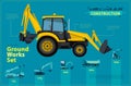 Yellow excavator. Blue infographic set, ground works blue machines vehicles.