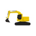 Yellow excavator with bucket and cab on rotating platform. Heavy digging machine on crawler tracks. Flat vector design