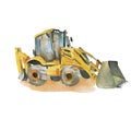 Yellow excavator. Bulldozer. Sketches. Watercolor hand drawn illustration