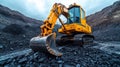 Yellow excavator in coal mine - generative ai Royalty Free Stock Photo