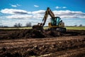 yellow excavator Compactor at work on a greenfield site during a bright and clear day, blue sky and clounds on the background,