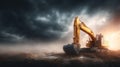 A yellow excavator on a construction site under a dramatic, stormy sky at sunset. Royalty Free Stock Photo