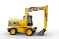 3D rendering of a yellow excavator construction vehicle with four wheels isolated on a white background