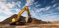 The yellow excavator digging into a dirt pile under a blue sky. AI generated image Royalty Free Stock Photo