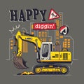 Yellow excavator digging ground on construction area