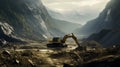 Yellow Excavator In Evocative Environmental Portrait With Textured Landscapes