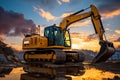 Yellow excavator halts under a stunning sunset, creating an incredibly picturesque scene.