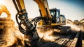 Yellow excavator moving earth and raising dust on a construction site Royalty Free Stock Photo