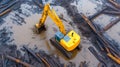 Yellow excavator operating in muddy area with logs Royalty Free Stock Photo