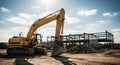 Yellow Excavator on Construction Site with Steel Framework Against a Cloudy Sky Royalty Free Stock Photo