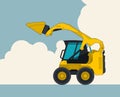 Yellow excavator, sky with clouds in background. Banner layout with earth mover.