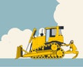 Yellow excavator, sky with clouds in background. Banner layout with earth mover.