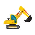 Yellow excavator special machinery vehicle loader bulldozer flat vector illustration.