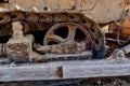 yellow excavator with a steering wheel digging out the ground summer sand truck Royalty Free Stock Photo