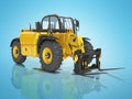 Yellow excavator telescopic loader isolated 3D render on blue background with shadow