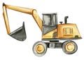 Yellow excavator. Watercolor hand drawn illustration. Perfect for kid posters or stickers