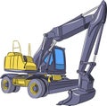 Yellow excavator on a wheeled platform.