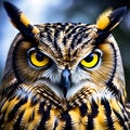 Yellow Eyes of Horned Owl - Close-Up on a Dark Background Royalty Free Stock Photo