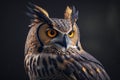 Yellow eyes of owl close up on a dark background. AI generation Royalty Free Stock Photo