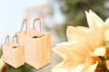 Yellow fabric bags on natural background