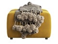 Yellow fabric ottoman with brown leather inserts. 3d render