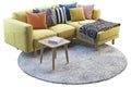 Yellow fabric sofa with gray rug and wooden coffee table. 3d render Royalty Free Stock Photo