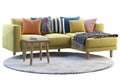 Yellow fabric sofa with gray rug and wooden coffee table. 3d render Royalty Free Stock Photo