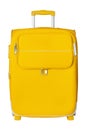 Yellow fabric travel suitcase with zipper, handle and lock white background isolated close up front view, large cloth baggage case Royalty Free Stock Photo