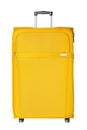 Yellow fabric travel suitcase with zipper, handle and lock white background isolated close up front view Royalty Free Stock Photo