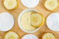 Yellow facial mask (banana face cream shea butter hair mask body butter) in the small white bowl. Natural skin care